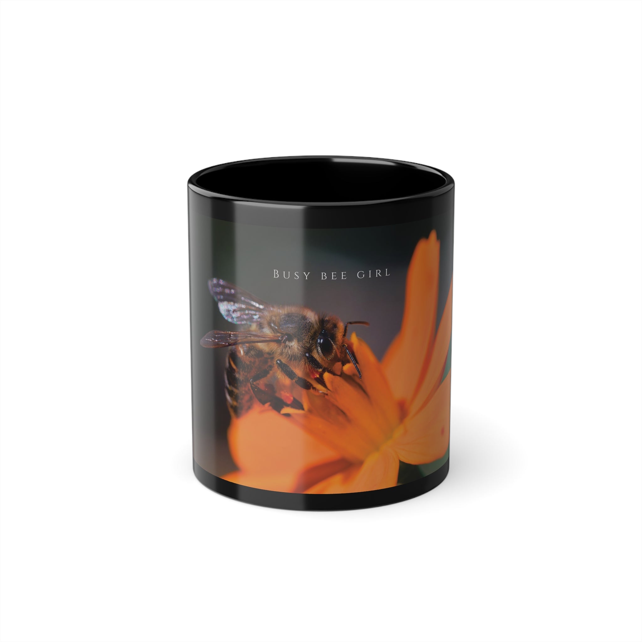 Black mug with bee flower